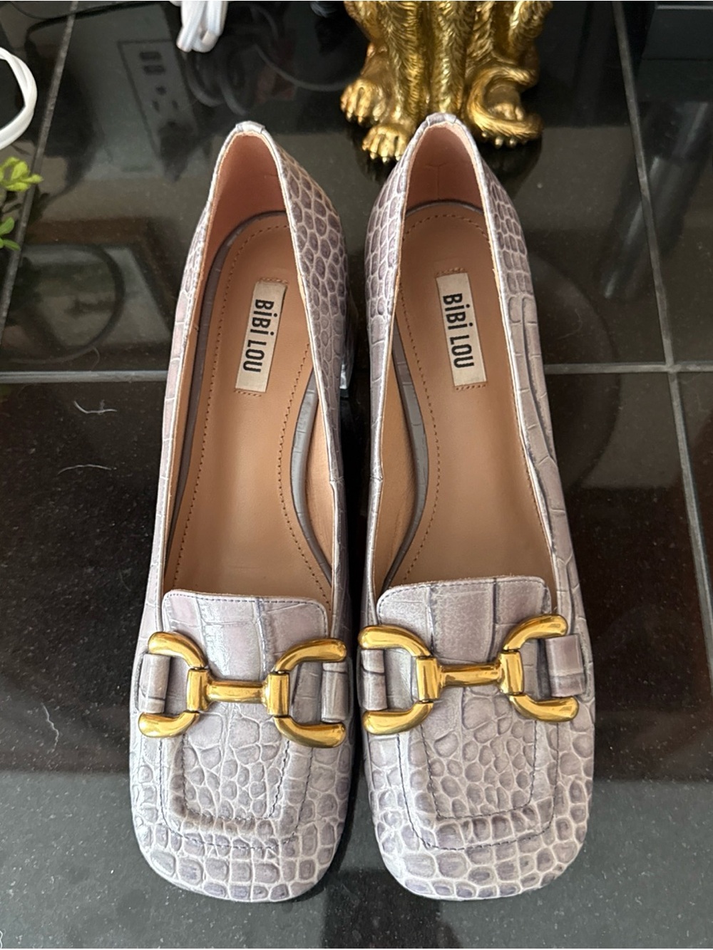 Bibi Lou Anthropologie Gray Horsebit Moc Croc Heels - Picture 4 of 14